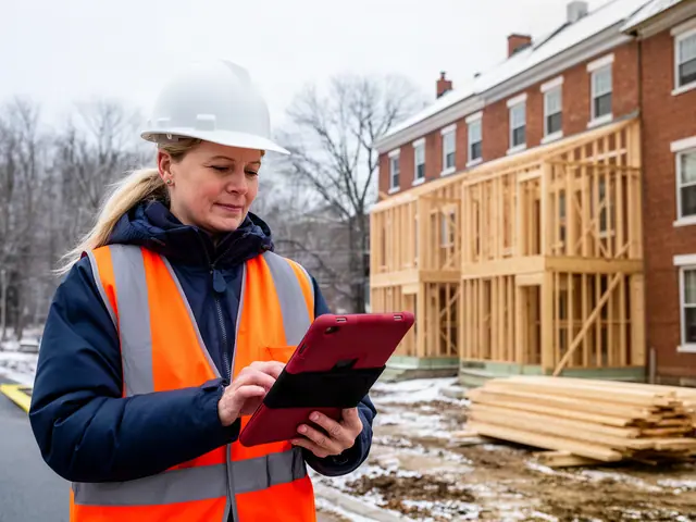 Home builder in hard hat and safety vest reviewing plans on a tablet at a rowhouse construction site