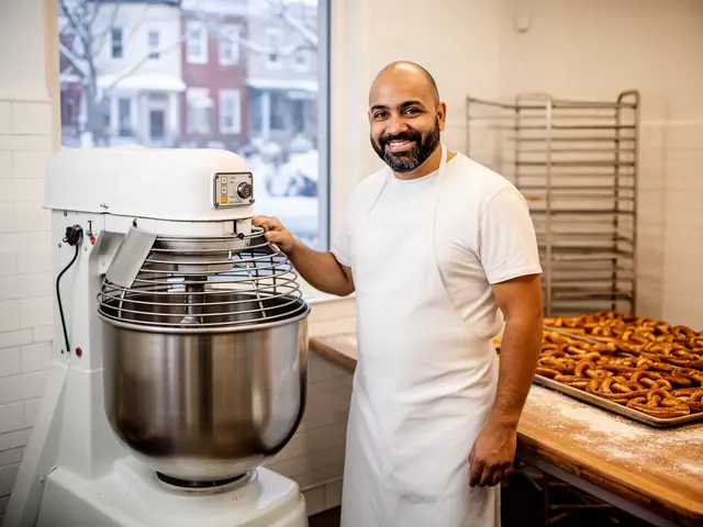 Bakery owner smiling beside a large commercial spiral dough mixer, trays of soft pretzels behind him