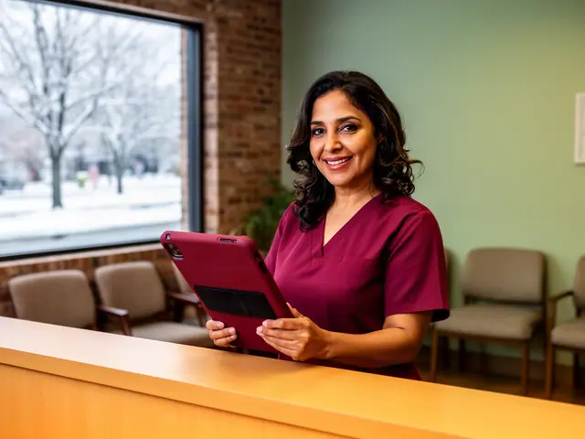Medical practice office manager in scrubs holding a tablet behind a reception counter