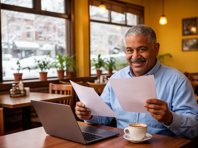 Restaurant owner smiling as he reviews two sheets of paper beside a laptop and coffee in his empty dining room