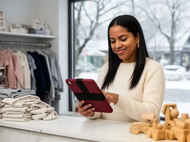 Children's boutique owner reviewing inventory on a tablet behind a white counter with wooden toys