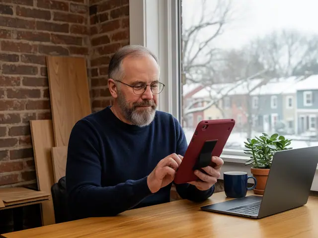 Flooring company owner in glasses checking finances on a tablet at his desk by a snowy window