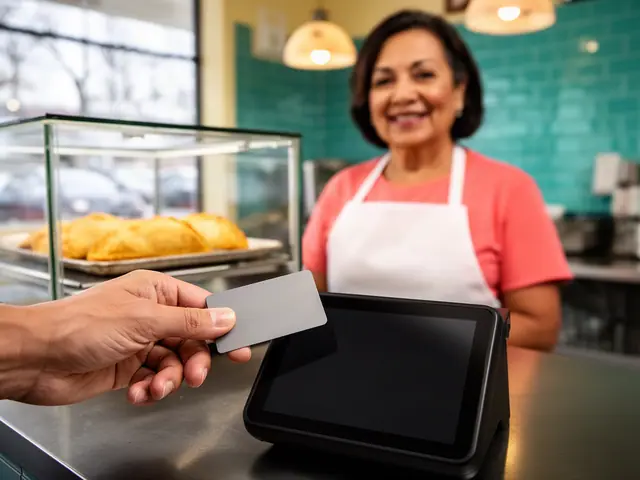 Customer's hand holding a payment card beside a countertop card terminal at a lunch counter, smiling owner behind