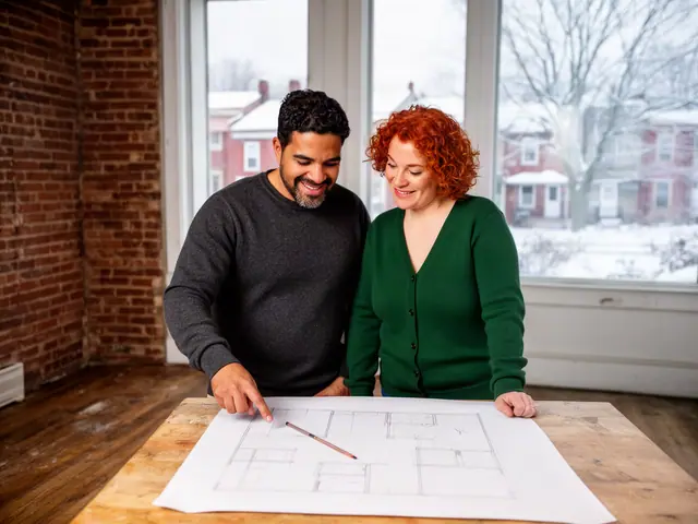 Two business partners smiling over a hand-drawn floor plan in an empty brick-walled storefront