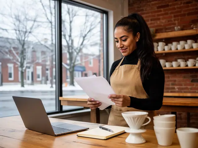 Coffee shop owner in a tan apron reviewing printed invoices beside a laptop at her work table
